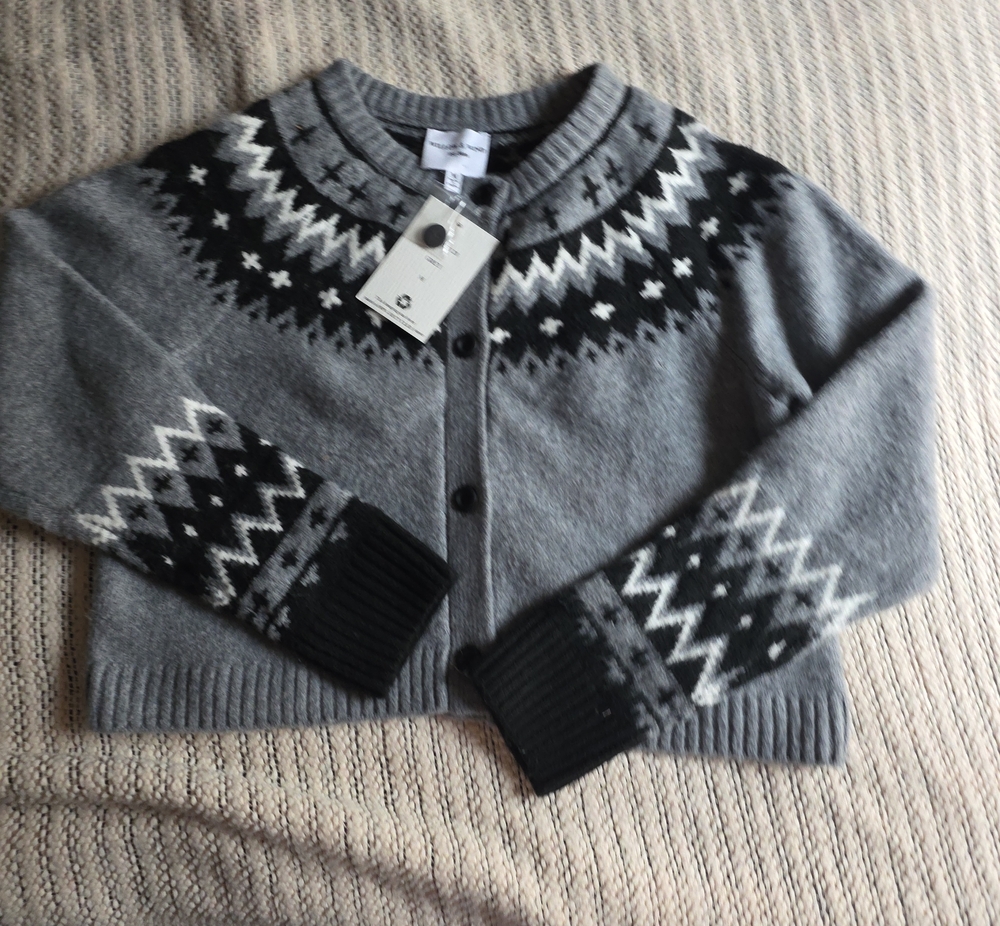 Gray Fair Isle Cropped Cardigan Sweater - Brand: